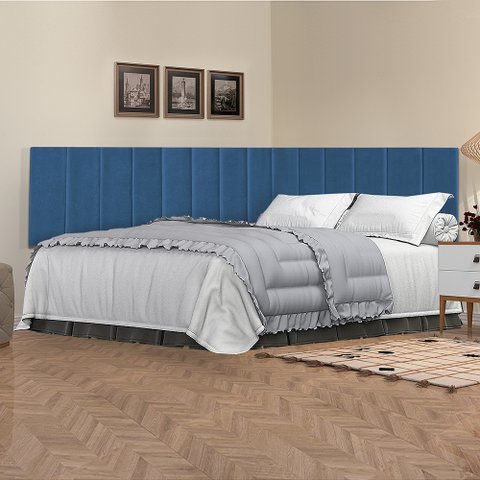 Conjunto de Cabeceira Viuva Solteirão Estofado Suspensa com Proteção Lateral - 128 Cm - Azul Suede