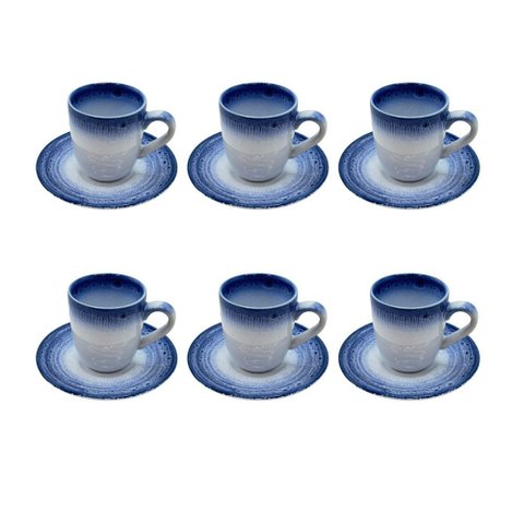 Conjunto 6 Xícaras e Pires em Porcelana Branco e Azul 100ml Bm0015 Btc