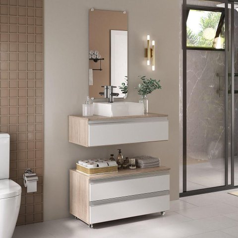 Conjunto de Gabinete Banheiro Creta 80cm (gabinete+cuba+espelheira) Madeirado Branco