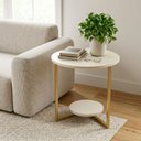 Ver imagem 1 de Mesa Lateral Redonda 49cm Siena em MDF Epés de Aço para Sala e Quarto Off White/Dourado Lh Móveis