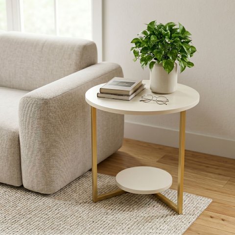 Mesa Lateral Redonda 49cm Siena em MDF Epés de Aço para Sala e Quarto Off White/Dourado Lh Móveis