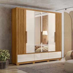 Kit Guarda Roupa Casal com Espelho Amazonas e Cômoda Dhara Freijó Off White - 6 Kit Guarda Roupa Casal com Espelho Amazonas e Cômoda Dhara Freijó Off White - 6