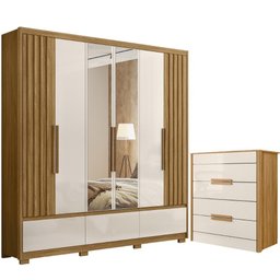 Kit Guarda Roupa Casal com Espelho Amazonas e Cômoda Dhara Freijó Off White - 1 Kit Guarda Roupa Casal com Espelho Amazonas e Cômoda Dhara Freijó Off White - 1