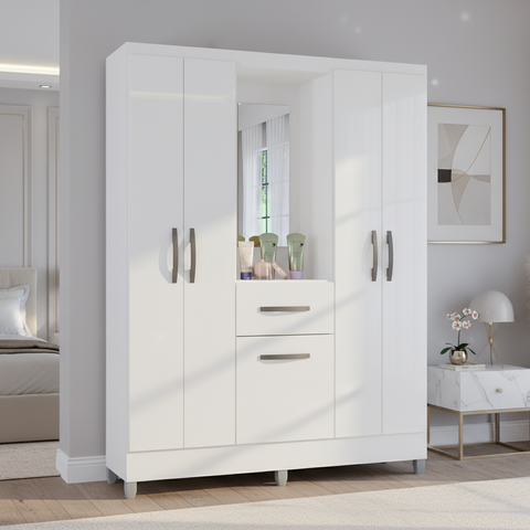 Guarda Roupa Solteiro Atlas Capelinha 5 Portas Branco Brilho - Poquema