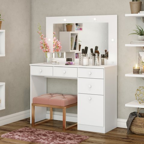 Penteadeira com Espelho e LED 1 Porta 4 Gavetas Beauty 