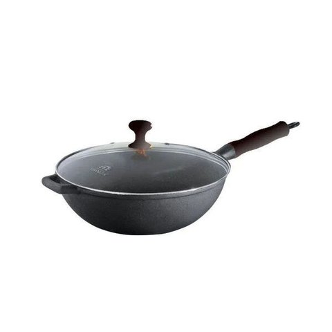 Panela Wok Ferro Fundido Tampa Vidro Cabo Silicone Preta