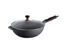 Ver imagem 1 de Panela Wok Ferro Fundido Tampa Vidro Cabo Silicone Preta