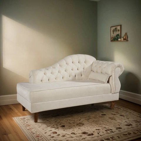 Divã Recamier Chesterfield Elisabeth 160cm Lado Direito Linho Marfim
