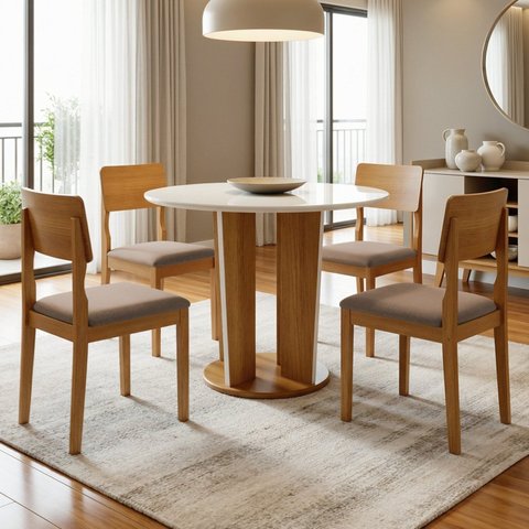 Conjunto Sala de Jantar 4 Lugares Redonda Tampo de Vidro 135cm Mesa e Cadeira Ana Marrom/Cinamomo/Off White/Linho Bege