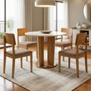 Ver imagem 1 de Conjunto Sala de Jantar 4 Lugares Redonda Tampo de Vidro 135cm Mesa e Cadeira Ana Marrom/Cinamomo/Off White/Linho Bege