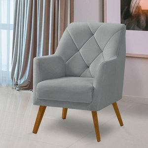 Poltrona Decorativa Bordada Magali Veludo Cinza Claro Lansofbr