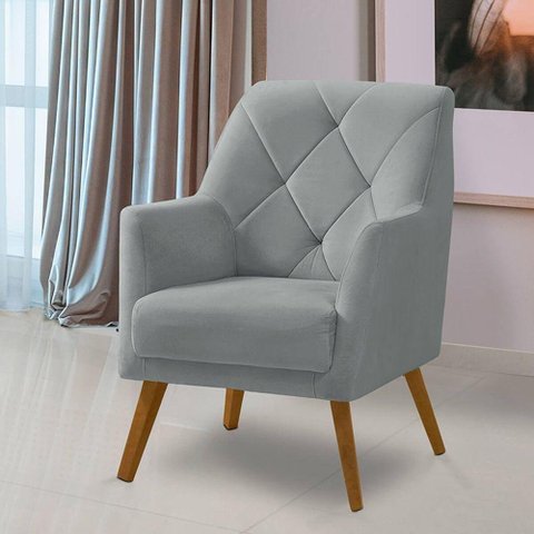 Poltrona Decorativa Bordada Magali Veludo Cinza Claro Lansofbr