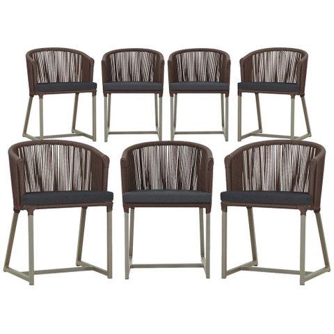 7 Cadeiras de Jantar Área Noronha em Alumínio com Pintura Fendi Corda Náutica Estofado 11 Trama Orig