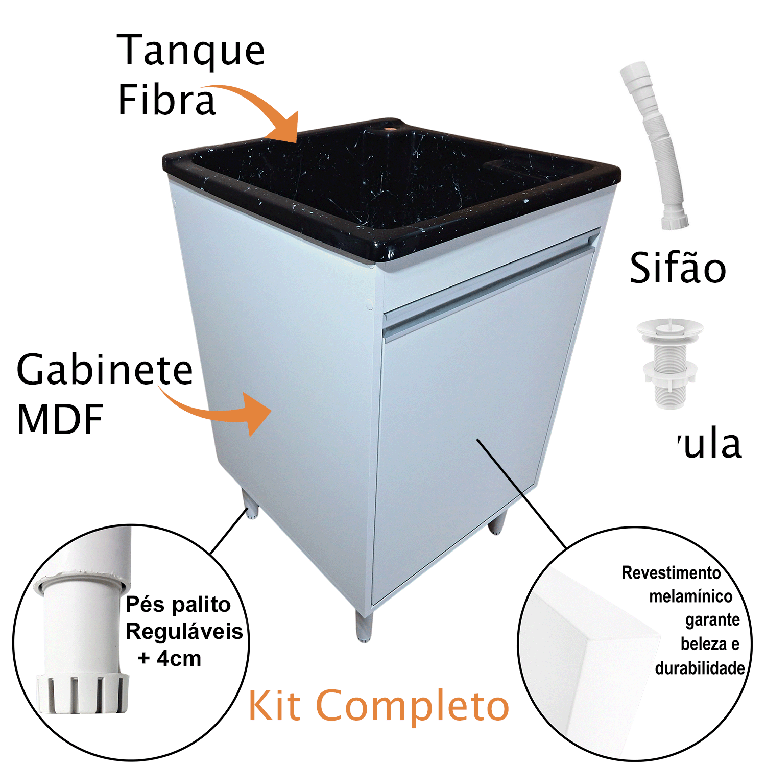 Tanque de Fibra Grande 40l com Gabinete Mdf 55cm Montado - 3