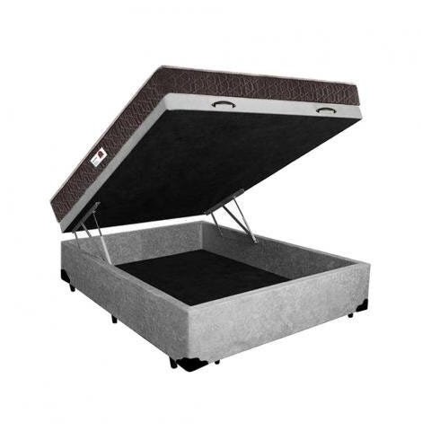 Cama Box Baú Casal Colchão Espuma D33 Bordado + Box Suede Cinza Rc Sono Leve 56x138x188
