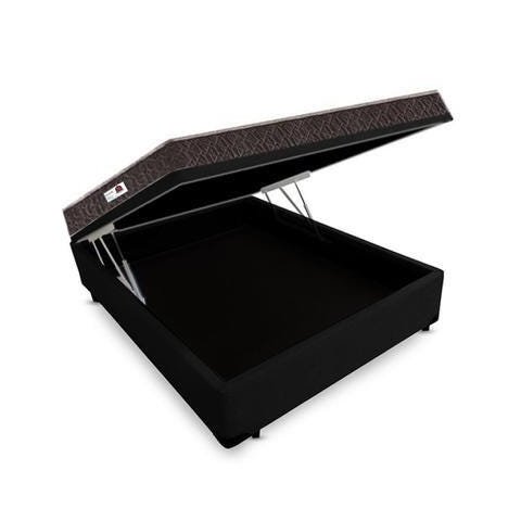 Cama Box Baú Casal Colchão Espuma D33 Bordado + Box Suede Preto Rc Sono Leve 56x138x188