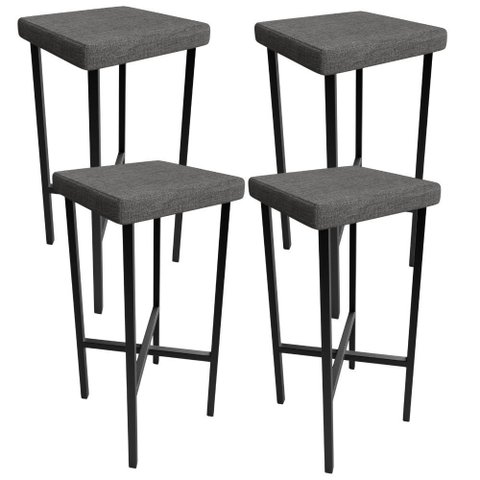 Kit 04 Banquetas Alta Bar Cozinha Sala de Jantar Preto Stella L02 Linho Cinza Escuro - Lyam Decor