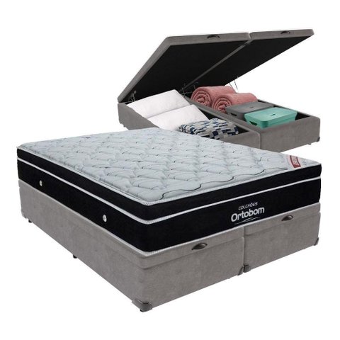 Cama+ Box com Bau Ortobom Colchão Queen com Molas Ensacadas Cinza