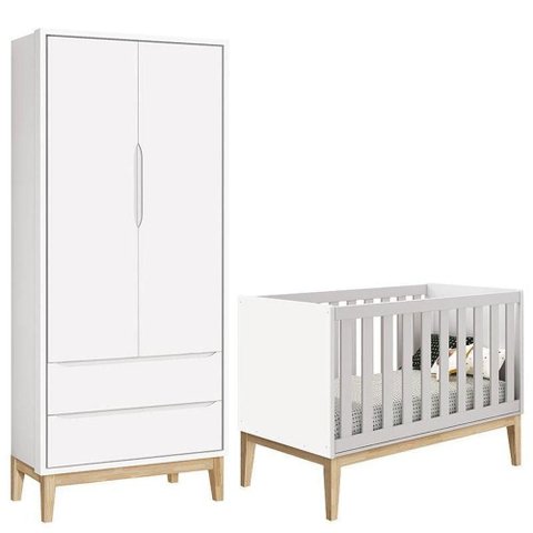 Berço Americano e Guarda Roupa Classic 2 Portas Branco com Pés Madeira Natural ? Reller