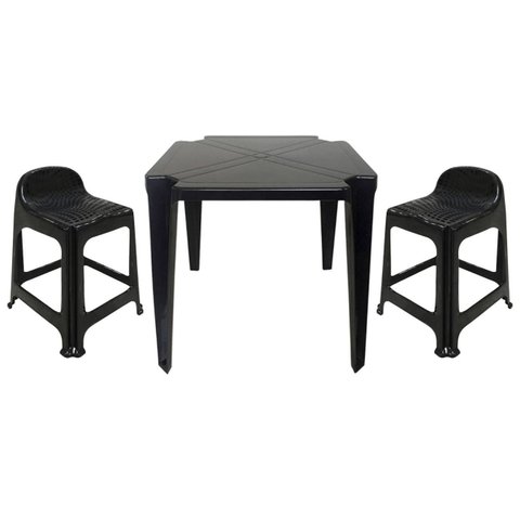 Mesa Quadrada Plástico Monobloco 70cm Preta + 2 Banquetas com Encosto