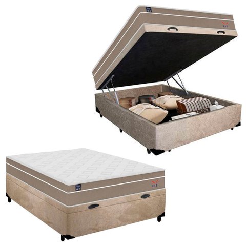 Cama Box Baú Casal Suede + Colchão Lis Molas Ensacadas Superpocket Plumatex 138x188x64cm Cor:bege