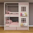 Ver imagem 1 de Beliche Casinha Reta 02 Janelas e 02 Gavetas Rosa Madeira Maciça Branco/ Rosa Housin