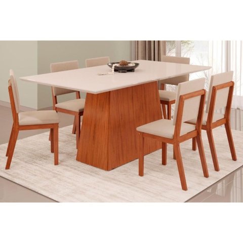 Conjunto: Mesa de Cozinha Dulce Tampo Madeirado C/ Vidro Reto 180x90cm e 6 Cadeiras Talia Freijo/off