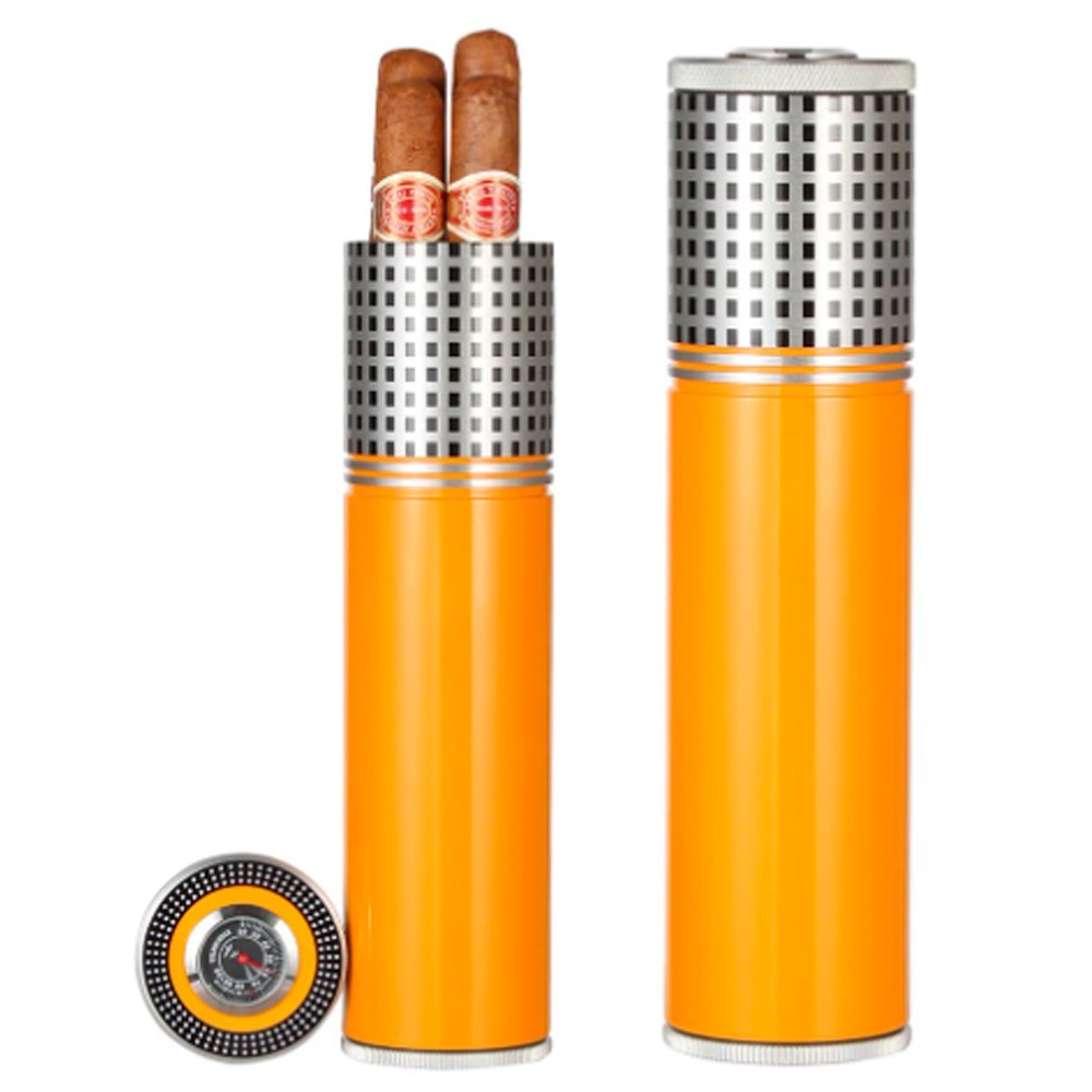 Tubo Porta Charuto Case Viagem Aço Inoxidável Tampa com Higrômetro - Amarelo Cigarol Tubo Porta Char - 5