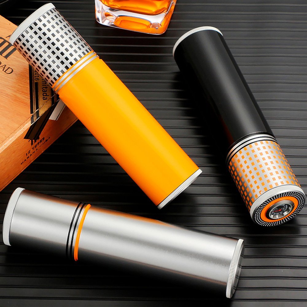 Tubo Porta Charuto Case Viagem Aço Inoxidável Tampa com Higrômetro - Amarelo Cigarol Tubo Porta Char - 3