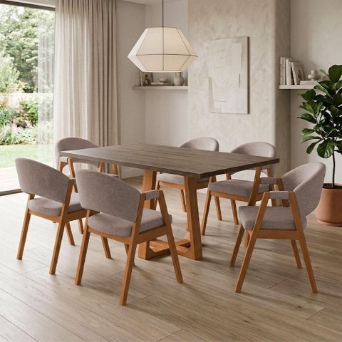 Conjunto de Jantar Julia com Helen 6 Lugares Tampo MDF Freijó Bege Linho 160cm Ideal Decor