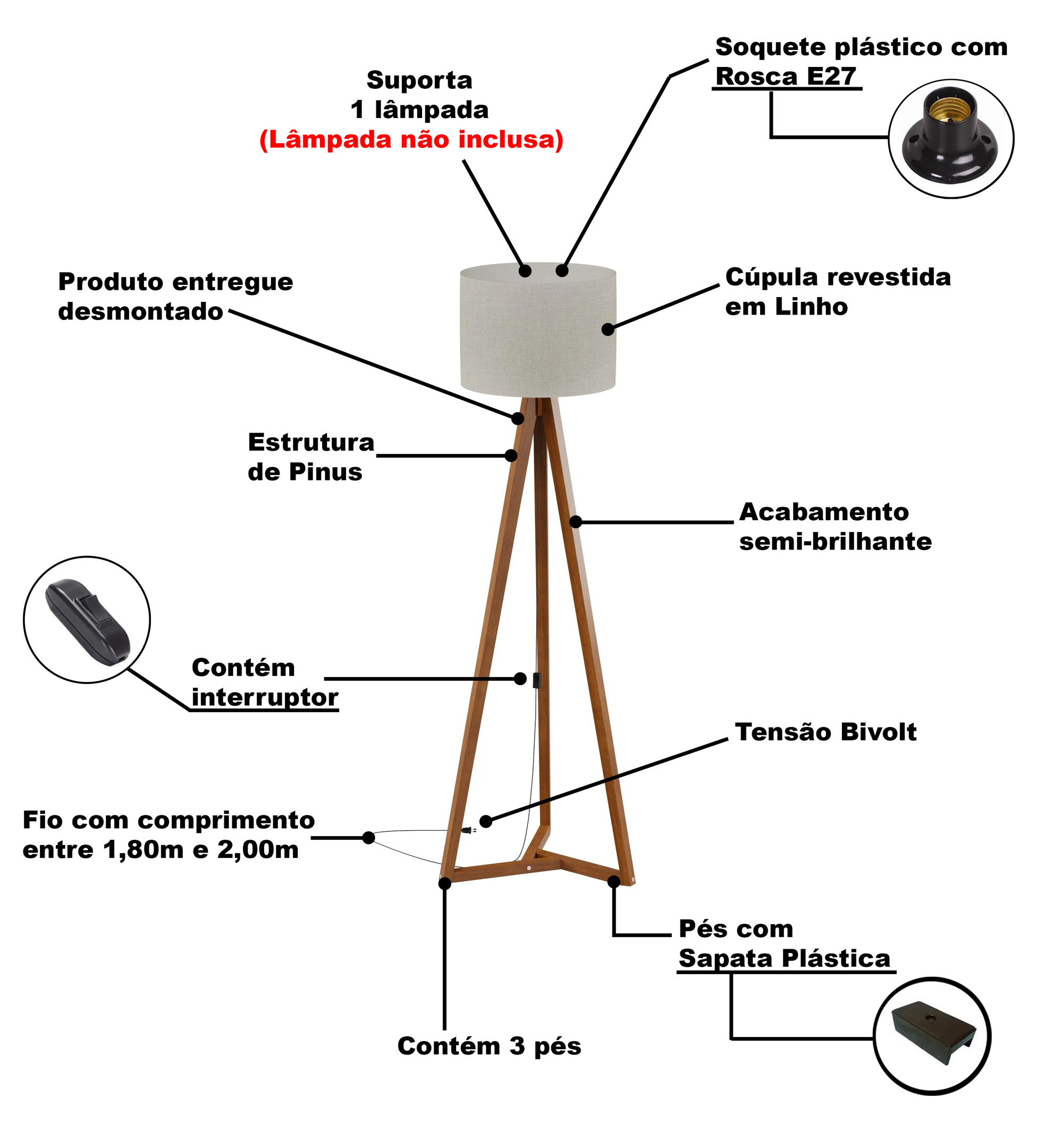 Luminária De Chão Classic Amêndoa com Cúpula Off White Tebarrot Móveis