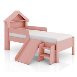 Cama Casinha Infantil Castelo para Quarto da Criança com Escorregador e Escada Moderna Cor Rosa - 1