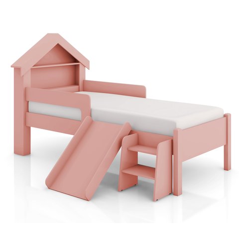 Cama Casinha Infantil Castelo para Quarto da Criança com Escorregador e Escada Moderna Cor Rosa