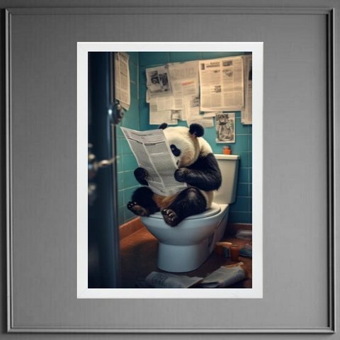 Quadro Panda no Banheiro Lendo Jornal 33x24cm:madeira Preta