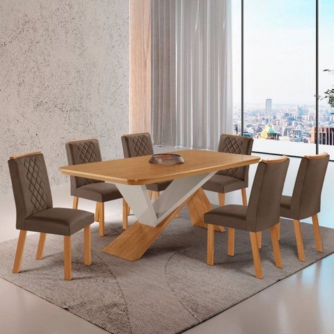 Conjunto Mesa de Jantar com 6 Cadeiras  com Tampo 180cm MDF Kate Marrom Off White