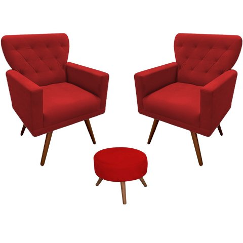 Kit 2 Poltronas Decorativa Aurora + 1 Puff Redondo Suede Vermelho Pés Madeira Mz Decor