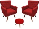 Ver imagem 1 de Kit 2 Poltronas Decorativa Aurora + 1 Puff Redondo Suede Vermelho Pés Madeira Mz Decor
