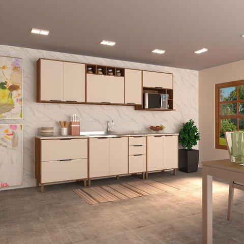 Cozinha Completa 6 Pçs Balcões Aéreos Gavetões Vanilla-beige