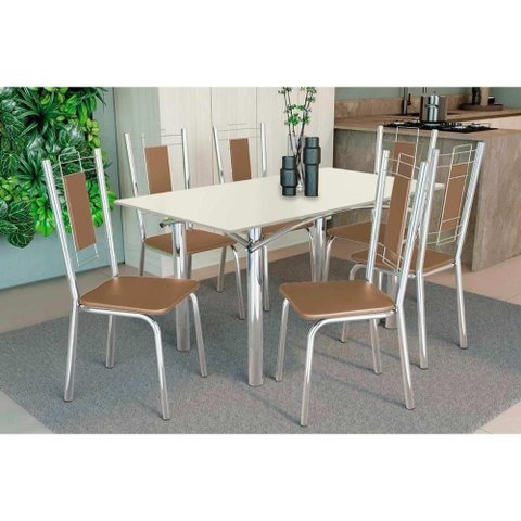 Sala de Jantar Completa Elba Tampo Madeirado C/ Vidro 160cm e 6 Cadeiras Florença Cromada/off White