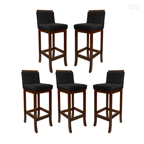 Kit 5 Banquetas Alta para Bancada de Cozinha Nice Madeira Castanho Matelassê Suede Preto Ccs