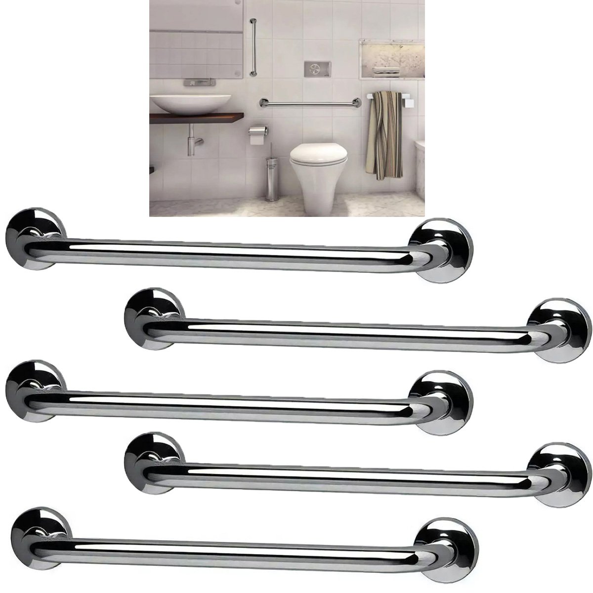 Barra Alça Apoio Kit 5 Uni Aço Inox 40 Cm Acessibilidade Gestante Idoso Pcd Banheiro Corrimao Suport - 1