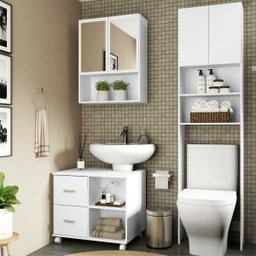 Conjunto para Banheiro com Gabinete para Coluna, Espelheira e Armário Branco - 1