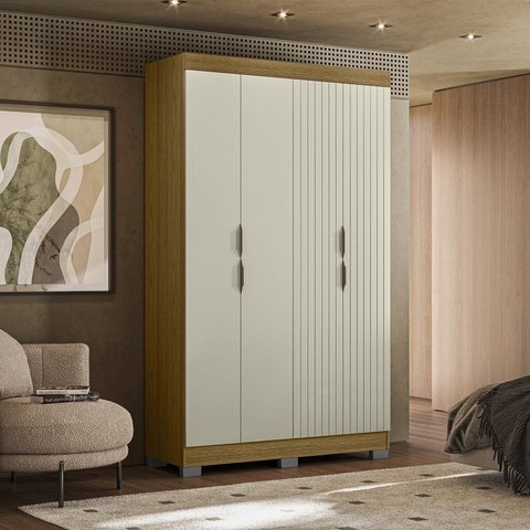 Guarda-Roupa Casal Ripado com 4 Portas e 2 Gavetas York Marrom/Freijó/Off White