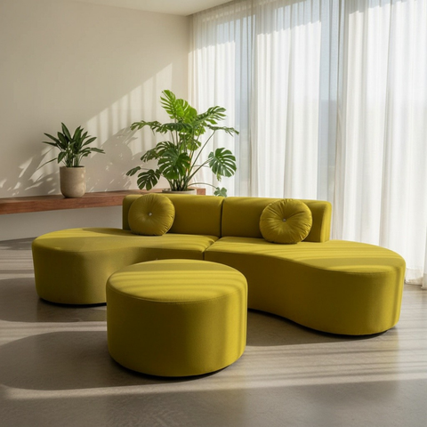 Sofá Modular Orgânico Monterrey 260cm + Puff Veludo Amarelo