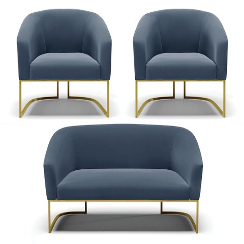 Namoradeira e 2 Poltronas Base Industrial Dourado Stella Suede Azul Marinho D03 - D’Rossi