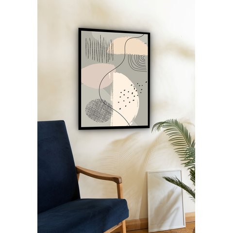 Quadro Decorativo Abstrato Bege Riscos Preto - 70x50cm:moldura Branca