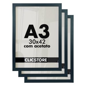 Kit 03 Molduras A3 30x42cm com Acetato e Fundo para Quadros Diplomas Certificados Fotos Cor: Preto