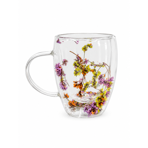Caneca de Vidro com Flores 350ml Dupla Parede Colorida Decorativa Elegante para Design Moderno e Del