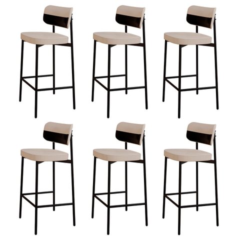 Banqueta Alta Bar Estofada Kit 6 Ella M25 Linho Areia/preto - Mpozenato