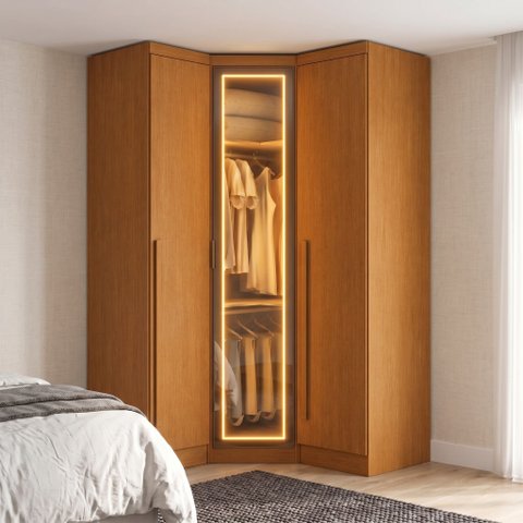 Guarda-Roupa Modulado de Canto Oblíquo Reflecta com LED 3 Portas 100% MDF Cairo